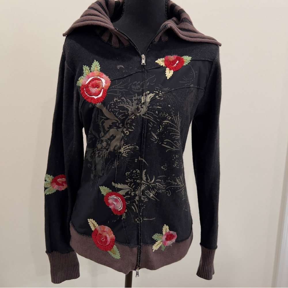 One Girl Who Black and Brown Cardigan with Red Floral Accents